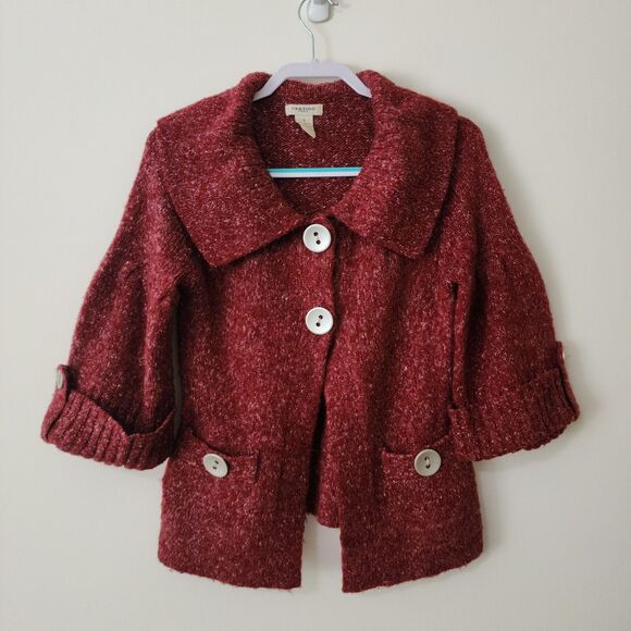 Vertigo Sweaters - Vertigo Paris Womens Knit Cardigan Size S Burgundy Red 3/4 Sleeve Big Buttons